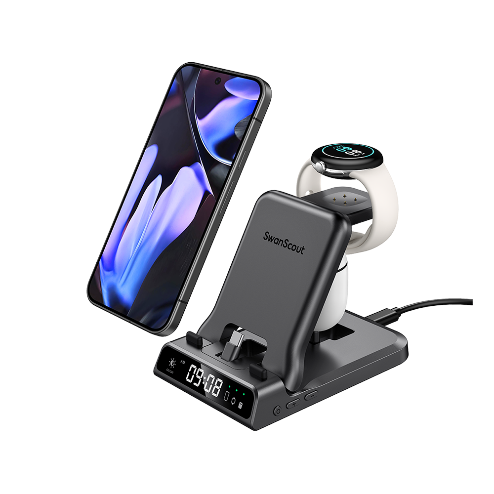 SwanScout 701G2 - Przewodowa szybka ładowarka do Pixel Watch 2/3 z zegarem
