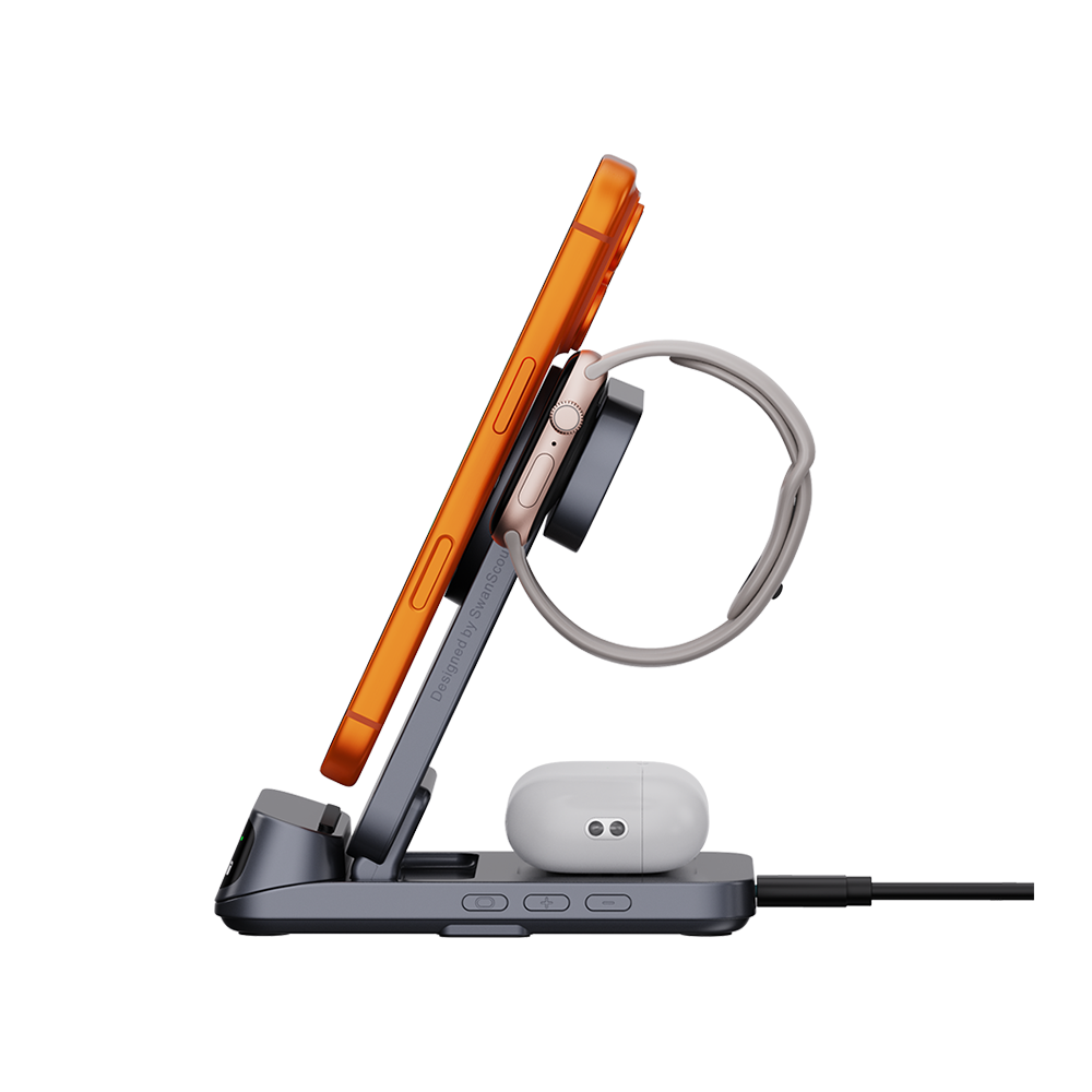 SwanScout 708M - 3 в 1 магнитно безжично зарядно за Apple