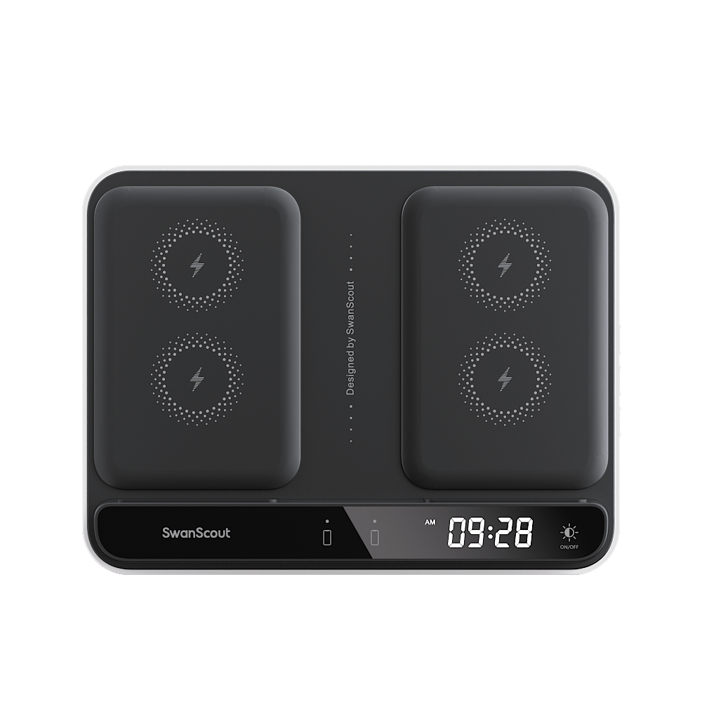 Front view of SwanScout 504F highlighting the dual charging pads for phones and earbuds, plus a touch-controlled clock with 4 brightness levels.