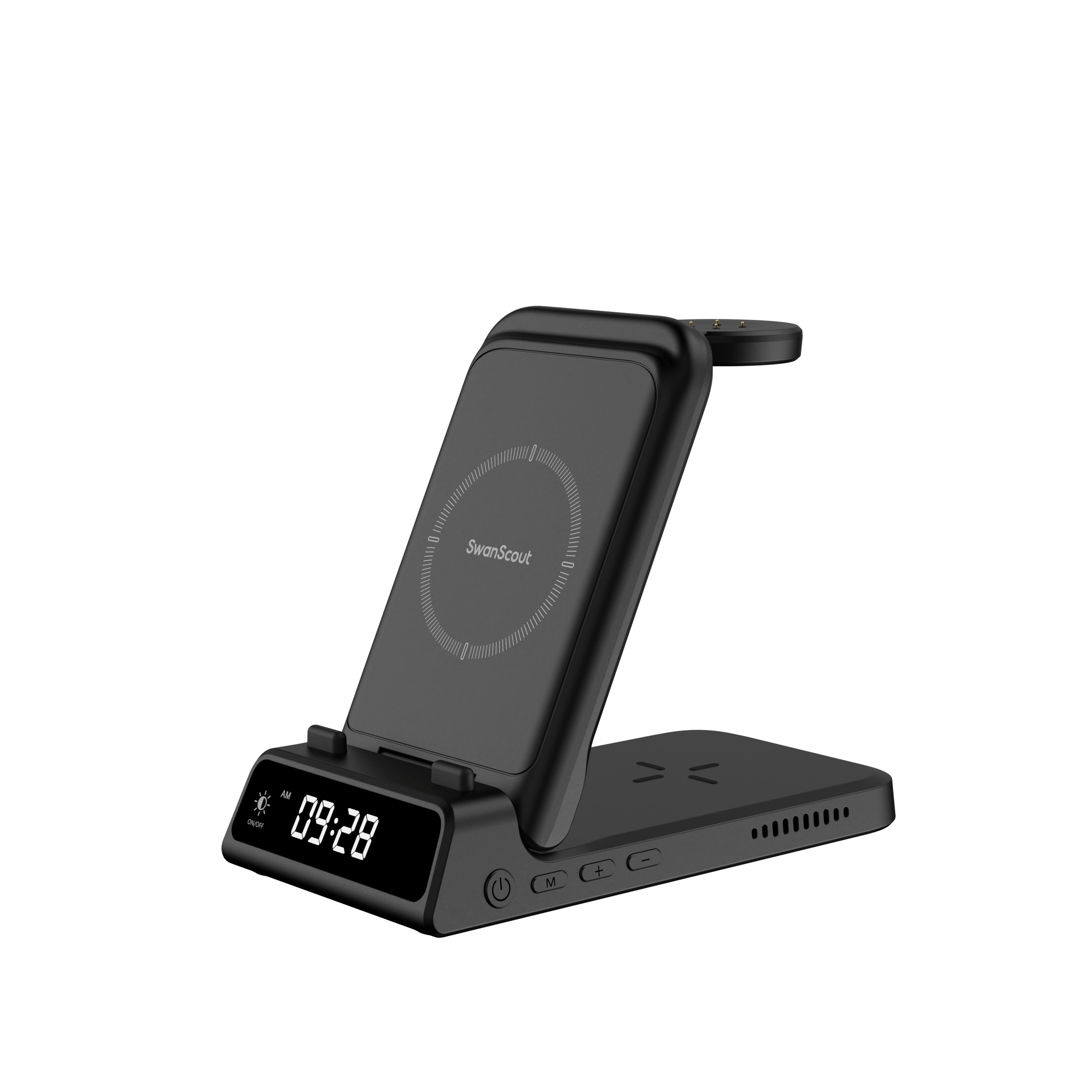 Front view of SwanScout 703G2 featuring a clear digital clock display and dedicated wireless charging spots for Google Pixel devices and earbuds.