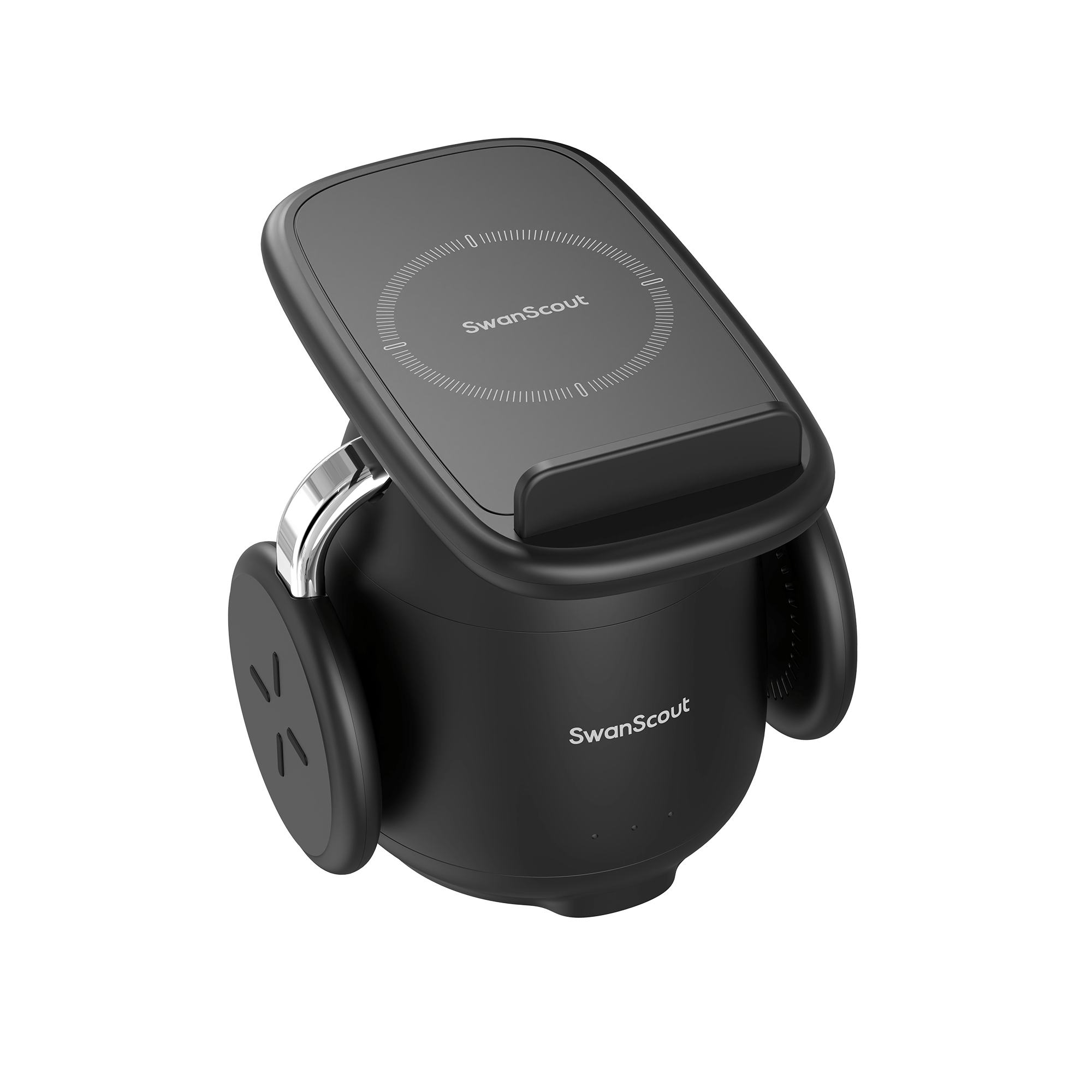 Black SwanScout 707S shown with the phone charging stand adjusted to a horizontal angle, supporting tilts from 0 to 60 degrees.