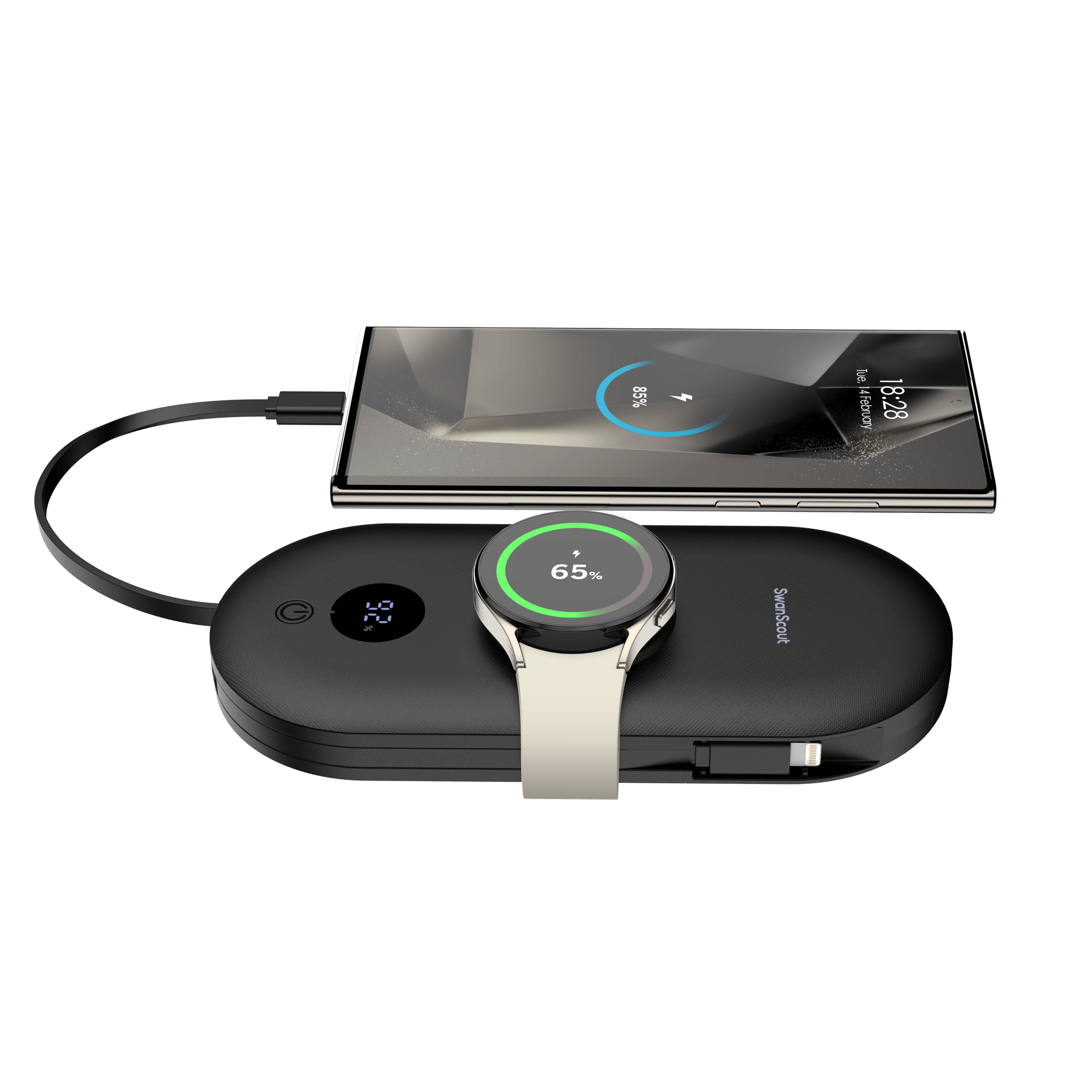 SwanScout 302S 4-in-1 power bank for Samsung with battery level display and multiple charging ports.