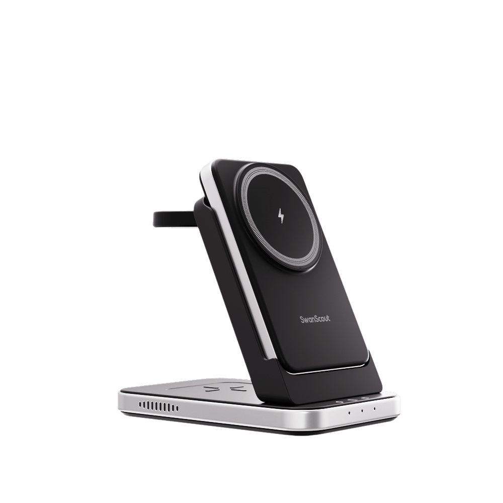 SwanScout 304M 3-in-1 magnetic power bank for Apple with MagSafe-compatible charging dock and detachable battery.