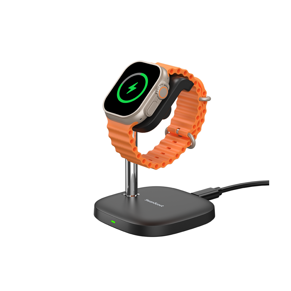 SwanScout 505A charging stand powering an Apple Watch Series 10, delivering 5W fast charging to reach 80% in 60 minutes