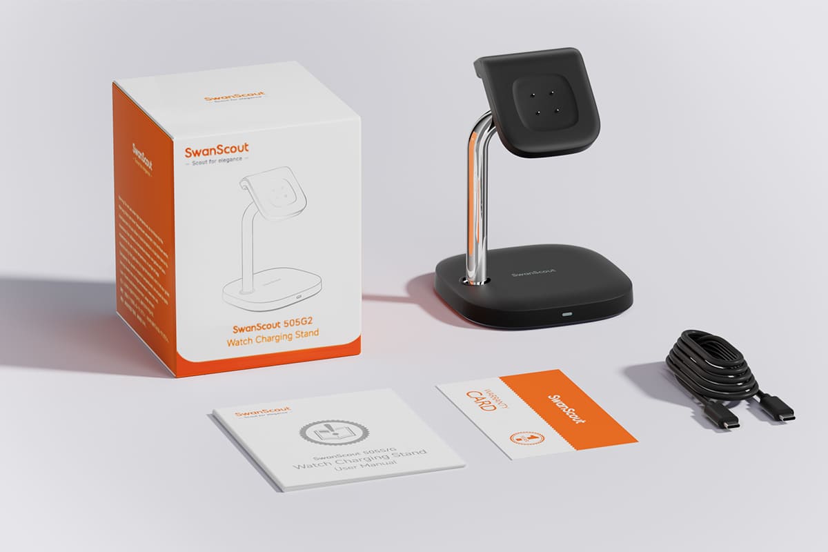 SwanScout 505G2 package contents with charger cable user manual and warranty card