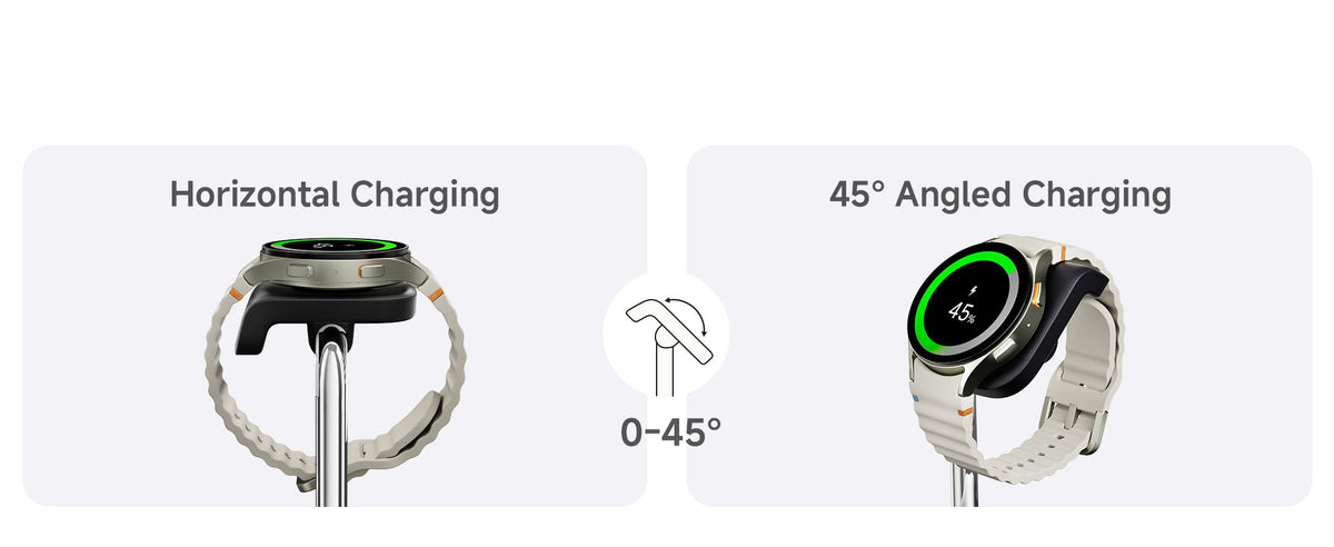 Adjustable 0 to 45 degree angle for horizontal or tilted Galaxy Watch charging on the SwanScout 505S