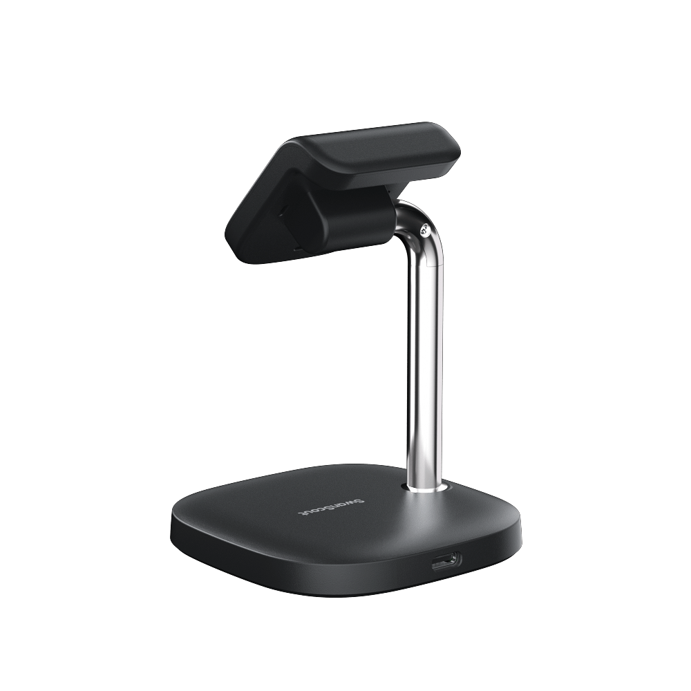 SwanScout 505S charging stand for Samsung Galaxy Watch, shown from the right rear view with watch docked and charging port visible.