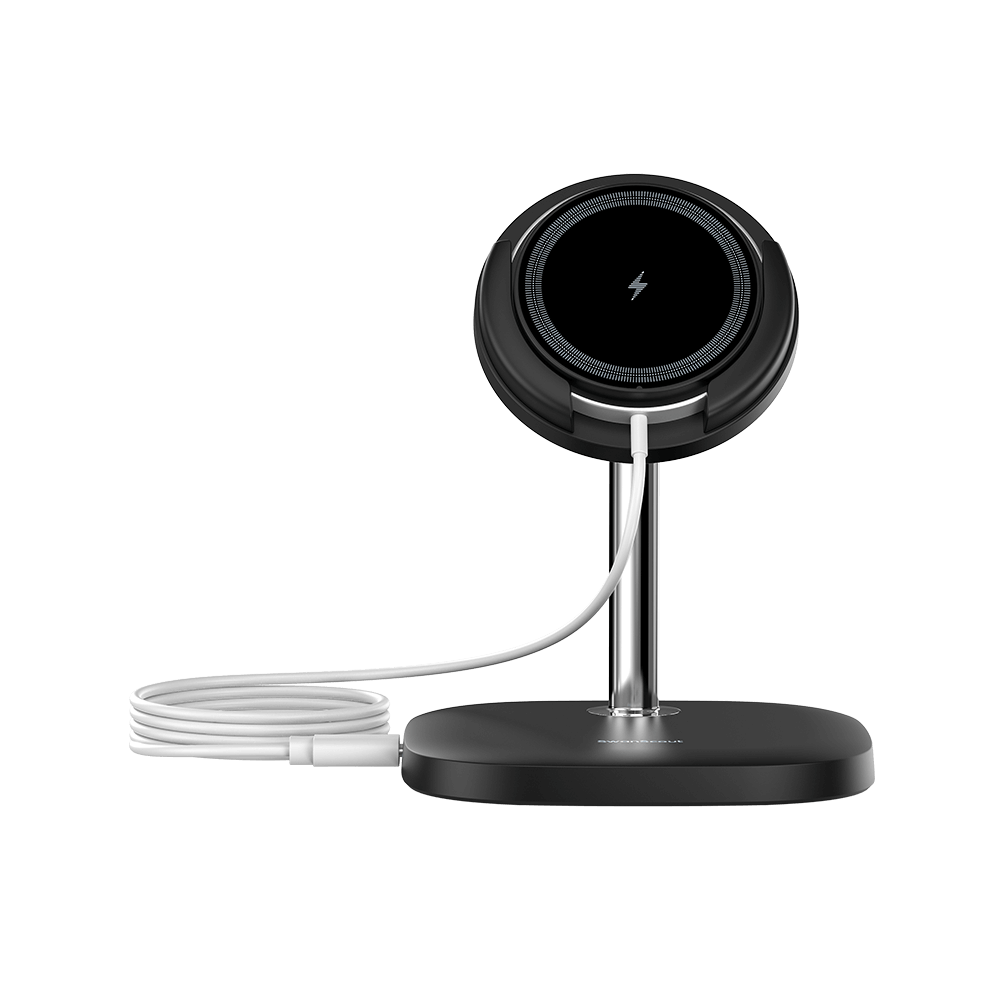 SwanScout 506M magnetic wireless charger for iPhone, compact and detachable, shown on travel backpack.