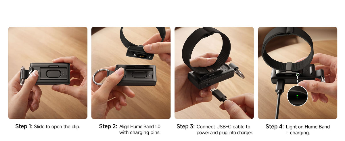 Four steps to charge Hume Band 1.0 with the keychain charger open the clip align pins and check the light SwanScout 513