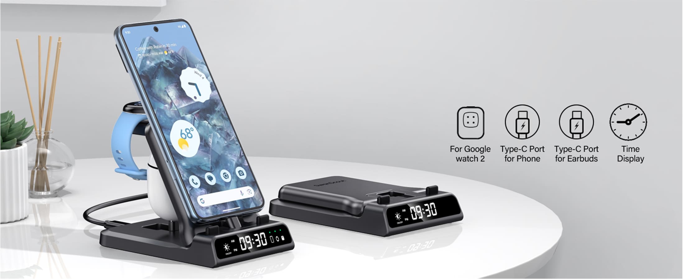 3-in-1 Google charging station with clock for Pixel phone Pixel Watch 2 and Pixel Watch 3 SwanScout 701G2