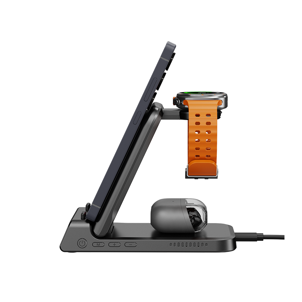 Side view of the gray SwanScout 703S featuring an ON/OFF button to switch between active charging and phone stand mode without unplugging