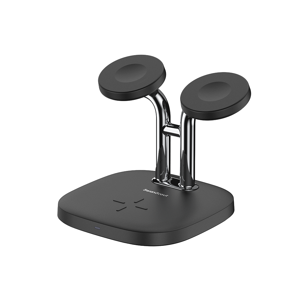 SwanScout 704A dual wireless charger for Apple, black, designed for AirPods and Apple Watch, with three charging pads.