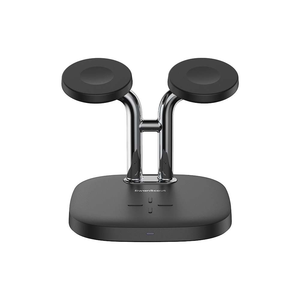 Black SwanScout 704A Dual Watch Wireless Charger for Apple, rear view showing dual charging docks and sleek design.