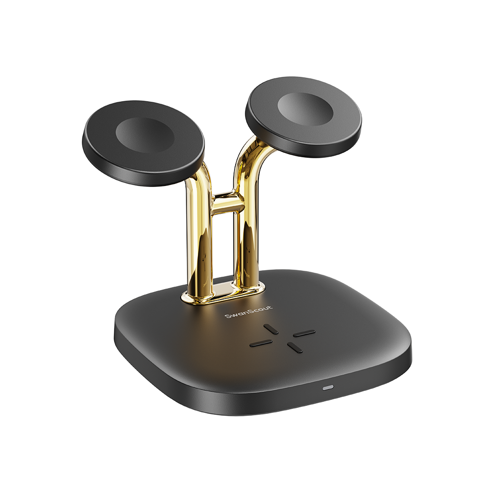 SwanScout 704A dual wireless charger with black and gold finish, designed for Apple Watch and compatible with iPhone and AirPods