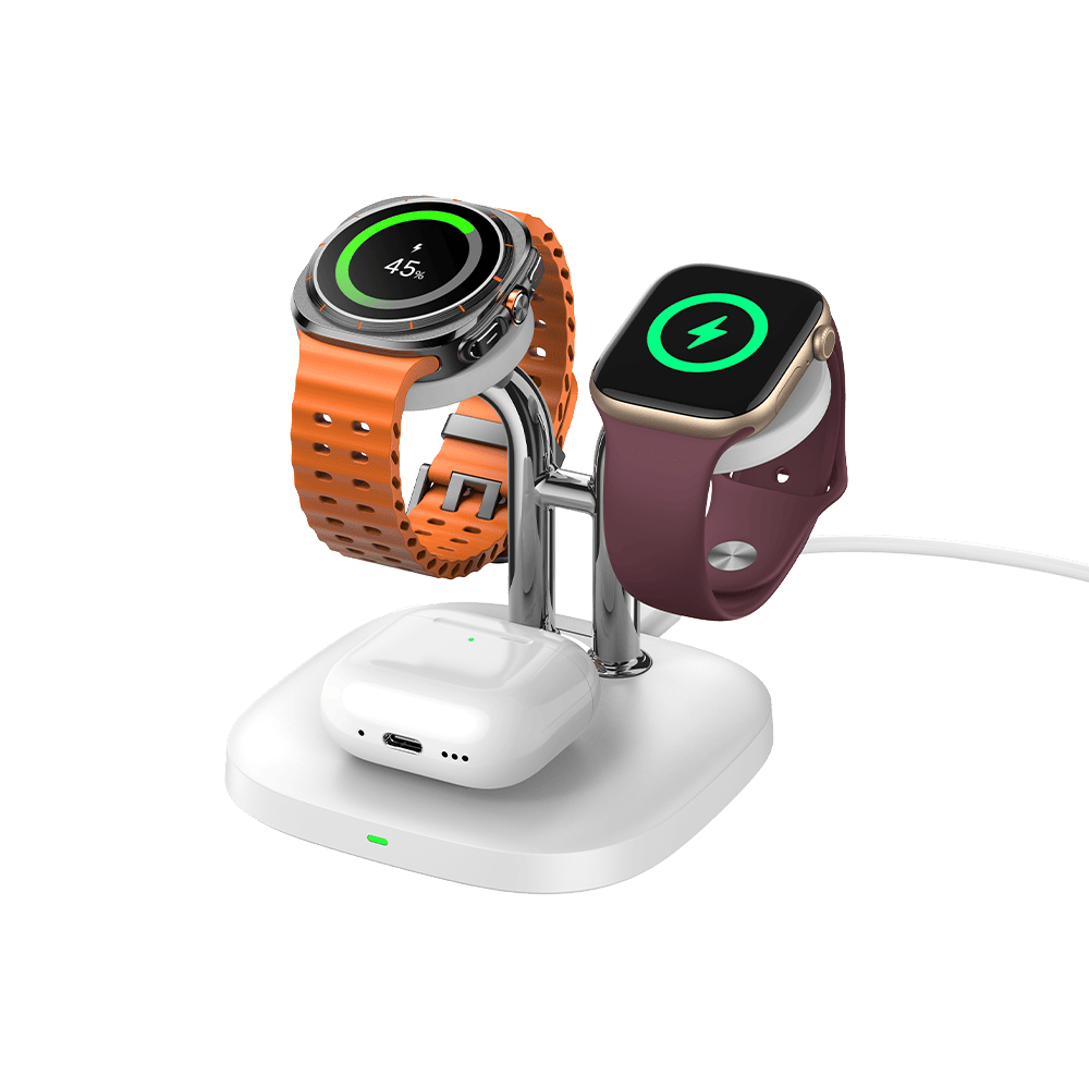SwanScout 704D charging an Apple Watch and a Galaxy Watch with earbuds on the base