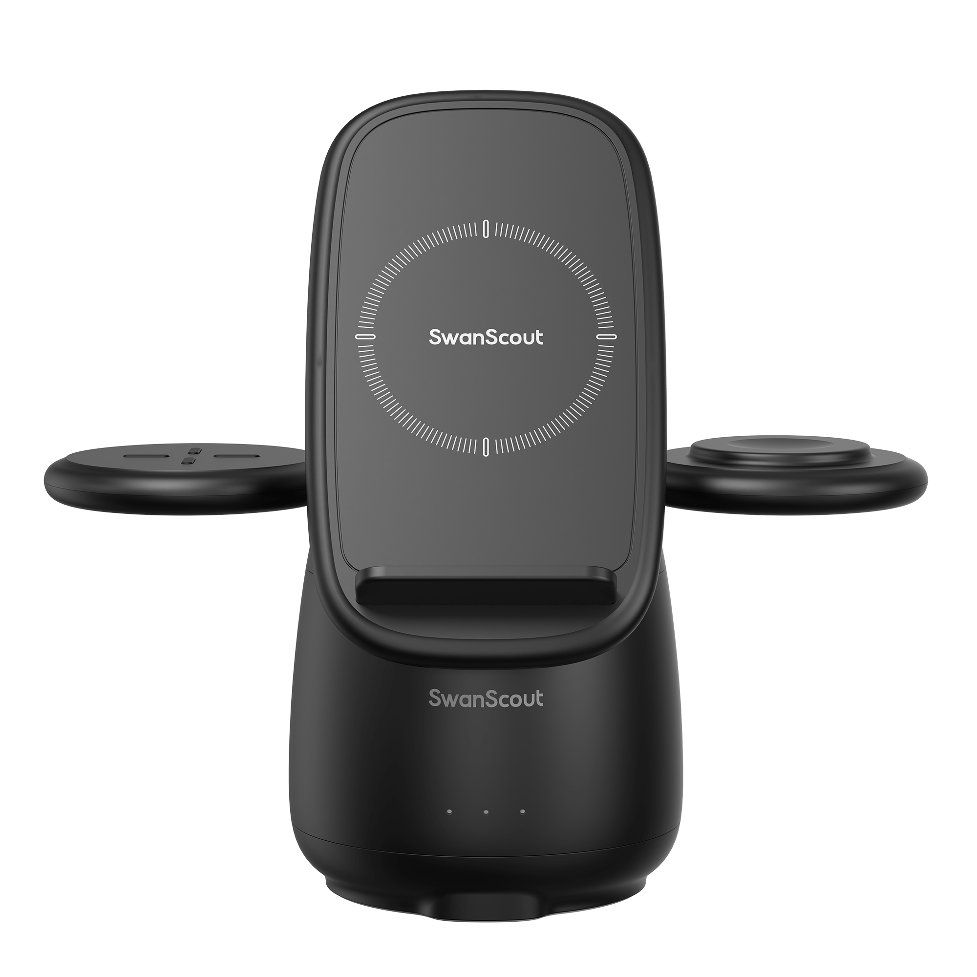 Black SwanScout 707S penguin-shaped wireless charger showing the weighted non-slip base with anti-slip pads for device stability