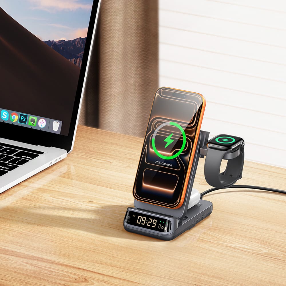 Office desk charging setup for iPhone Apple Watch and AirPods with clean workspace using SwanScout 708M-25W wireless charging station