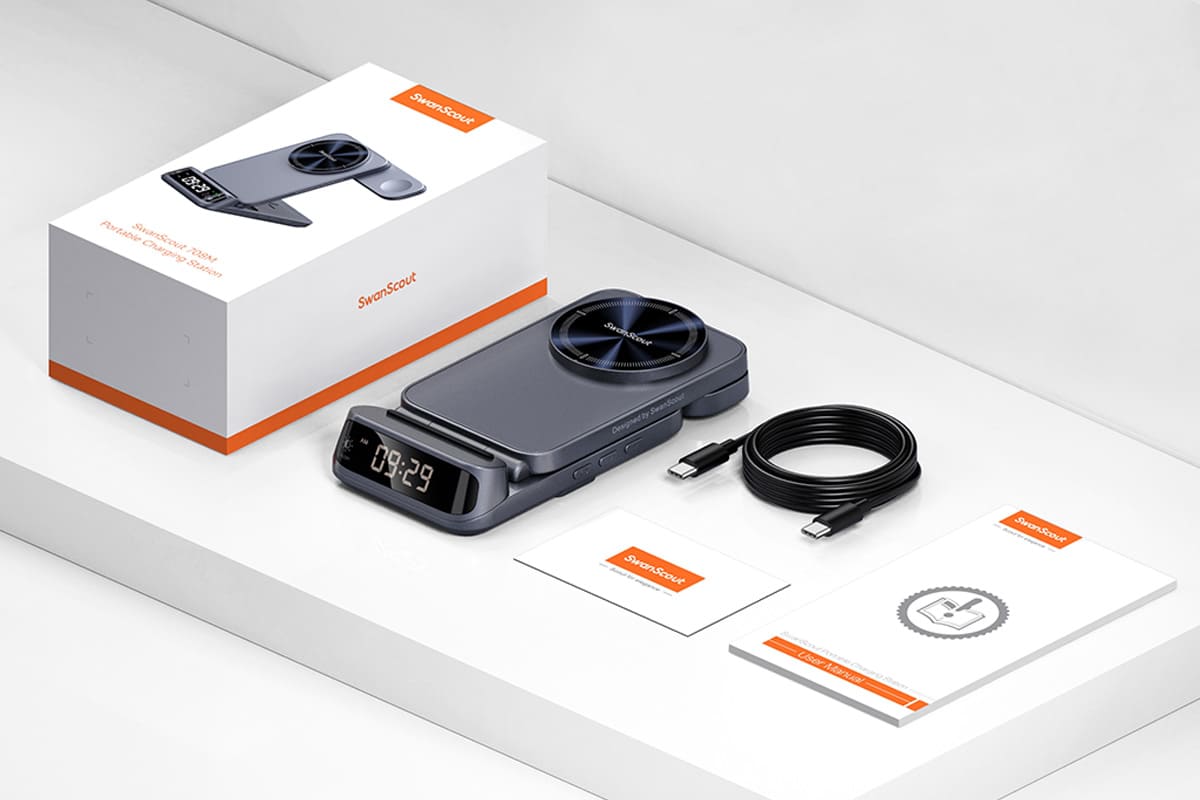 SwanScout 708M wireless charging station package includes charging stand cable user manual and warranty card