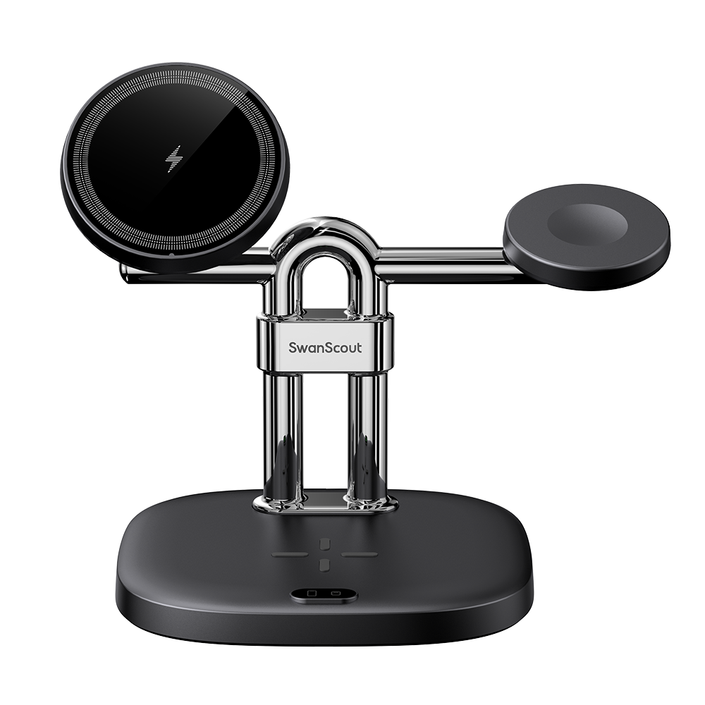 Front view of the SwanScout 712M, showcasing its clean design and broad compatibility with iPhone 12-17 and Apple Watch Ultra