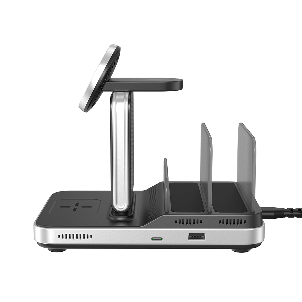 Right side profile of SwanScout 901M, demonstrating the space-saving design and organized multi-device charging solution for home and office