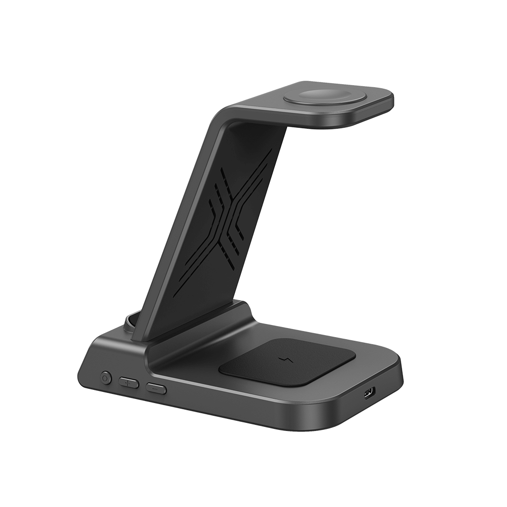 SwanScout C02 3-in-1 wireless charging stand for Apple devices, shown from rear profile with sleek design and charging ports.