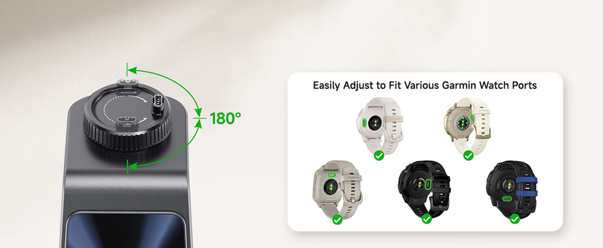 Rotatable Garmin watch charger with 180 degree rotation to fit various Garmin watch charging ports SwanScout C01GM