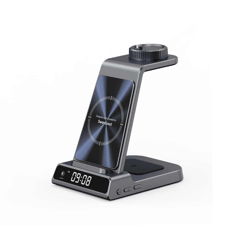 SwanScout C01GM dock with a rotatable Garmin watch charger on top and a digital clock