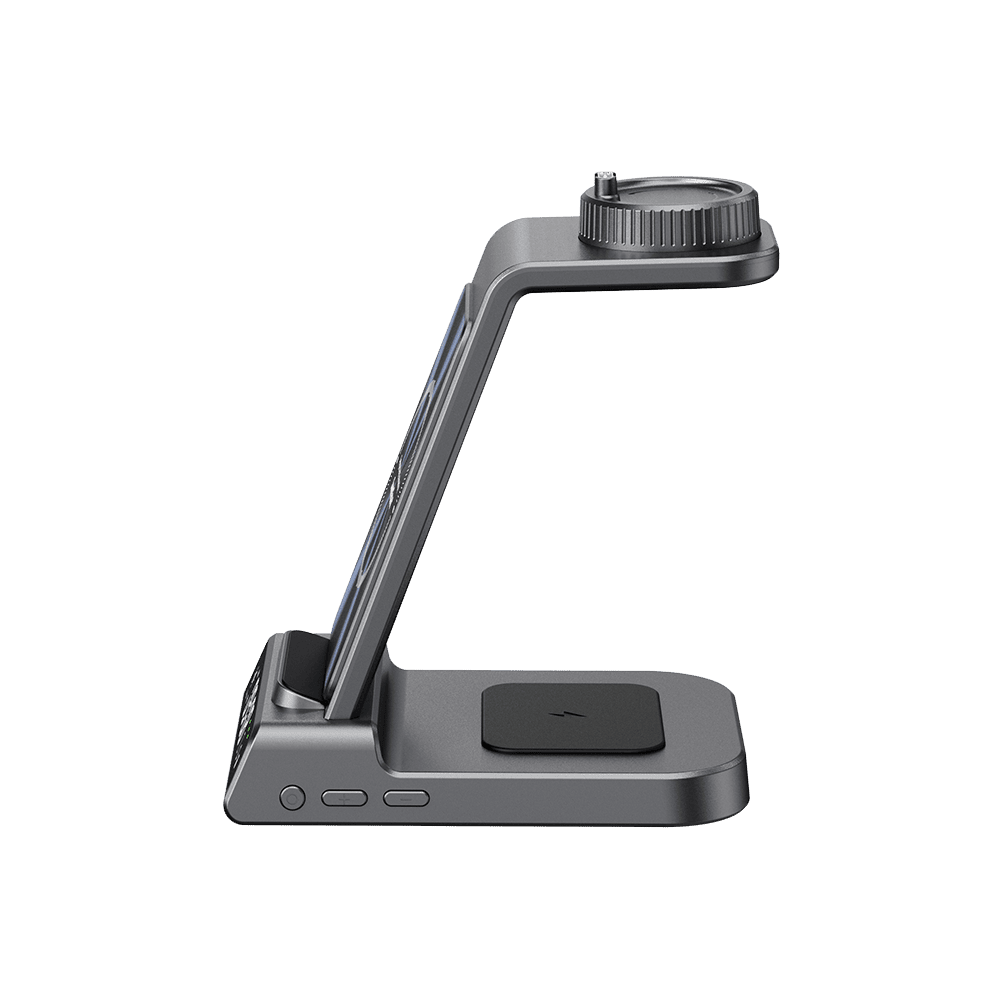 Side view of SwanScout C01GM dock showing the watch charger, phone stand and earbuds pad