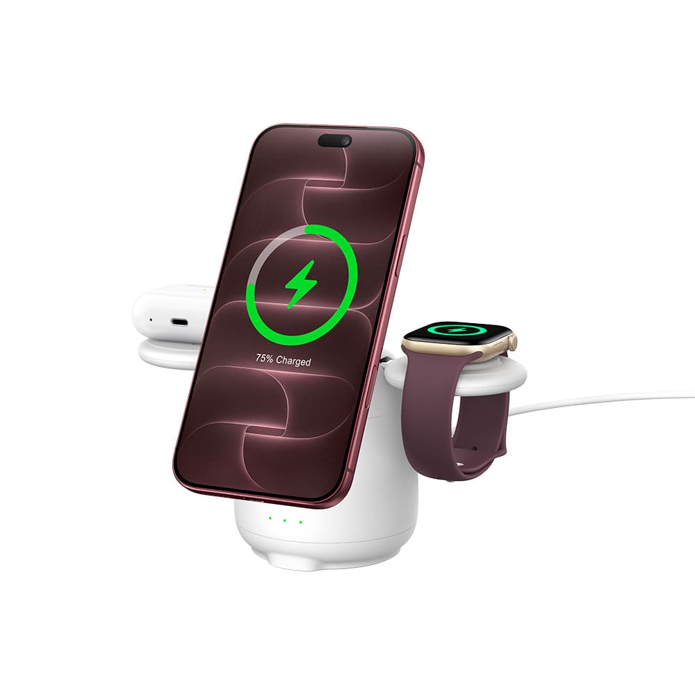 Wireless charger powering iPhone 18 Pro earbuds and watch with SwanScout S10026M