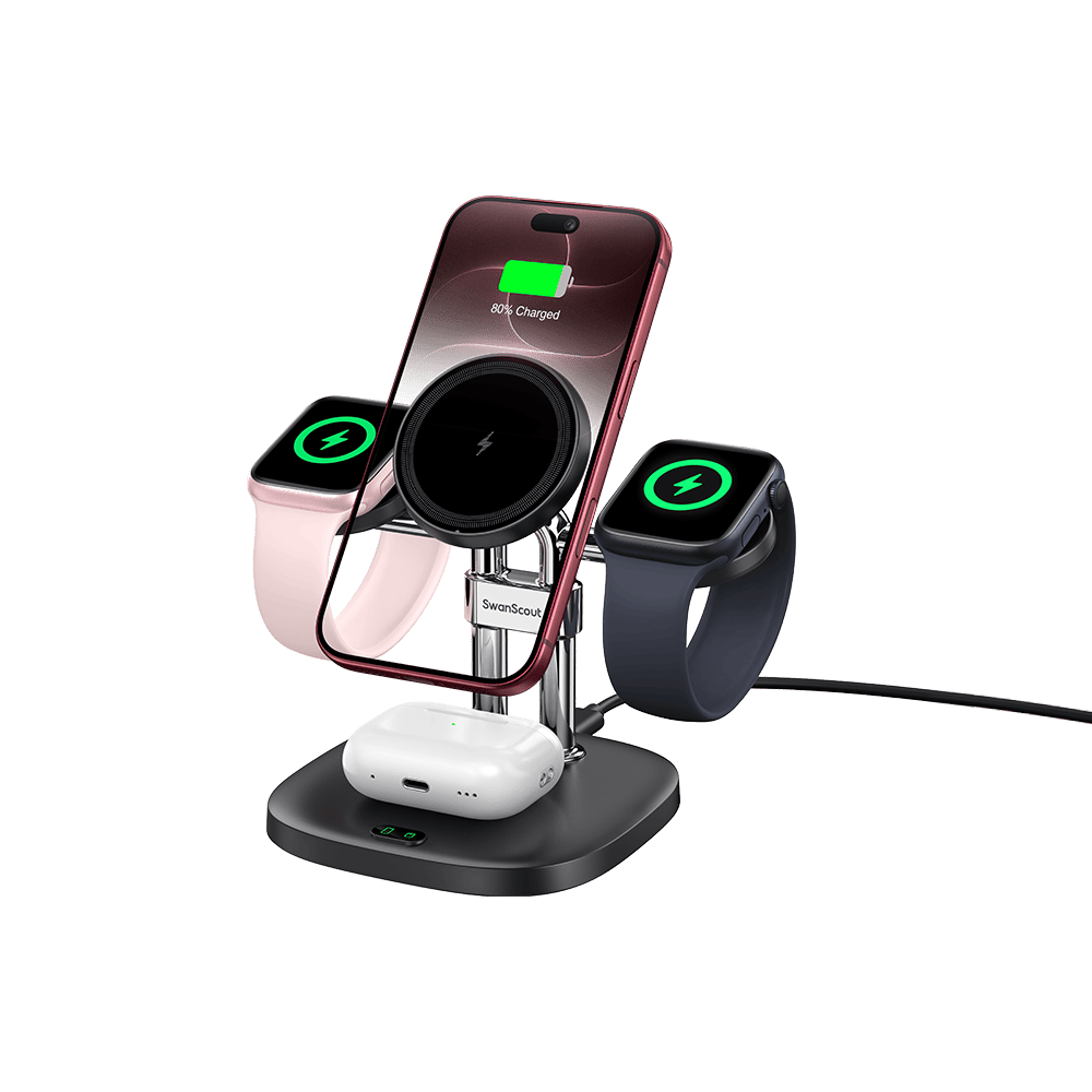 Wireless car charger powering iPhone 18 Pro earbuds and two watches with SwanScout S10029M