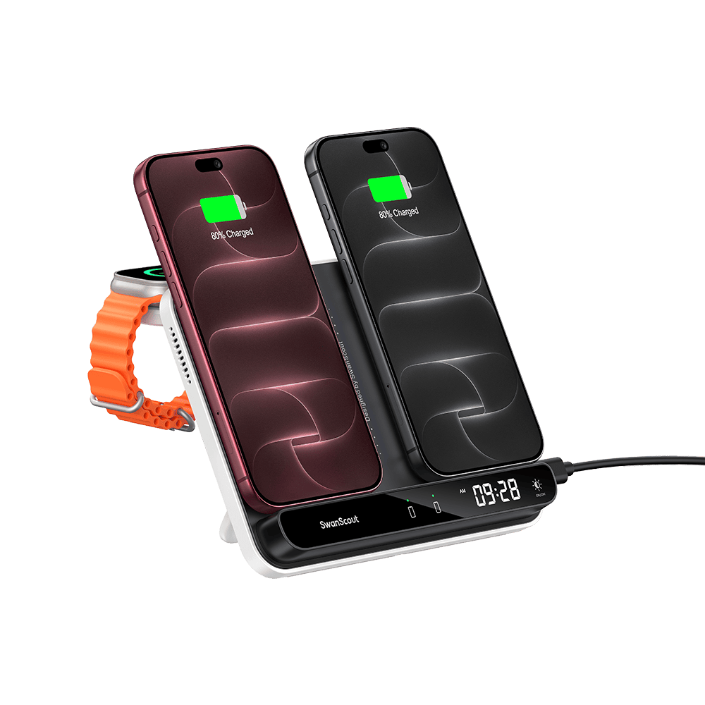 Wireless car charger powering two iPhone 18 Pro phones with SwanScout