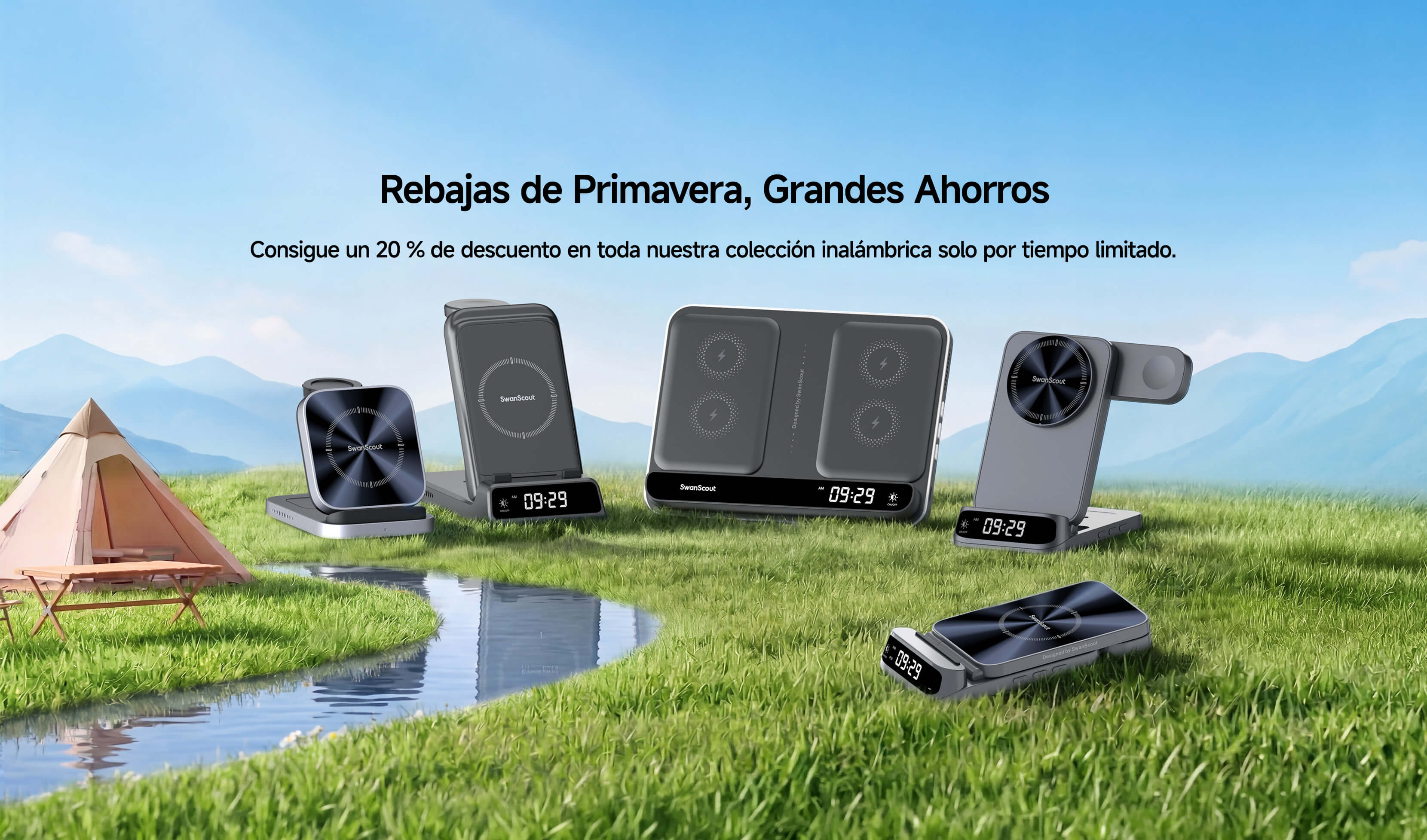 Promoción primavera 2026 SwanScout con estaciones de carga inalámbrica en un entorno natural con césped y río