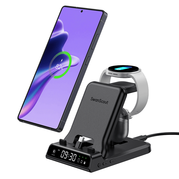 The Swanscout 701S is a sleek 3 in 1 charging station for Samsung devices, powering your phone, watch, and Galaxy Buds all at once.