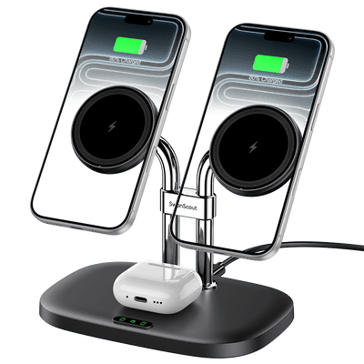 SwanScout 706M is a black magnetic dual phone wireless charger compatible with the iPhone 16e.