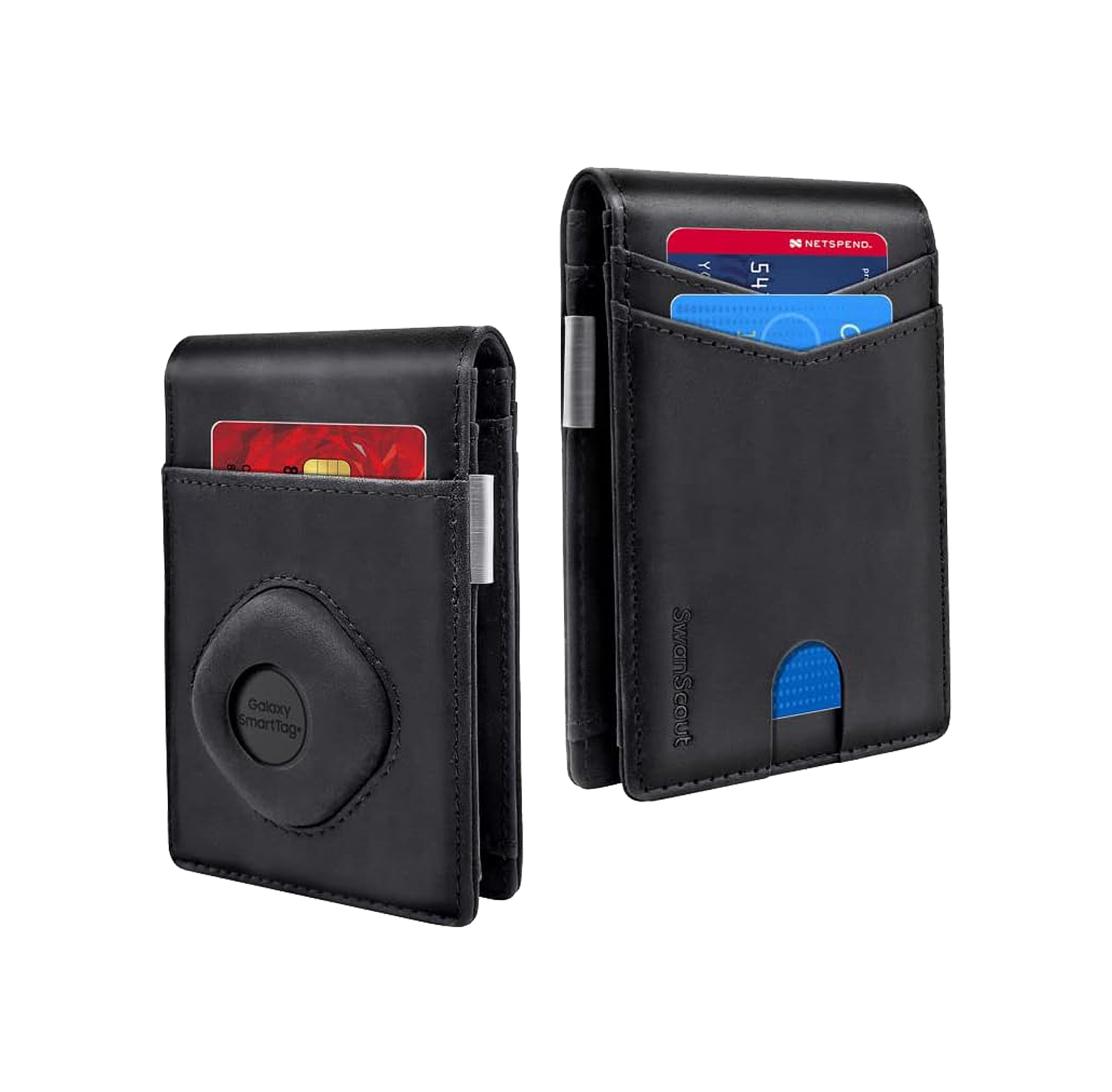Elegant black SwanScout 101S wallet featuring a dedicated secure holder for Samsung SmartTag and SmartTag Plus, ideal for everyday use.