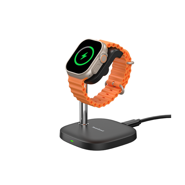 SwanScout 505A charging stand powering an Apple Watch Series 10, delivering 5W fast charging to reach 80% in 60 minutes.
