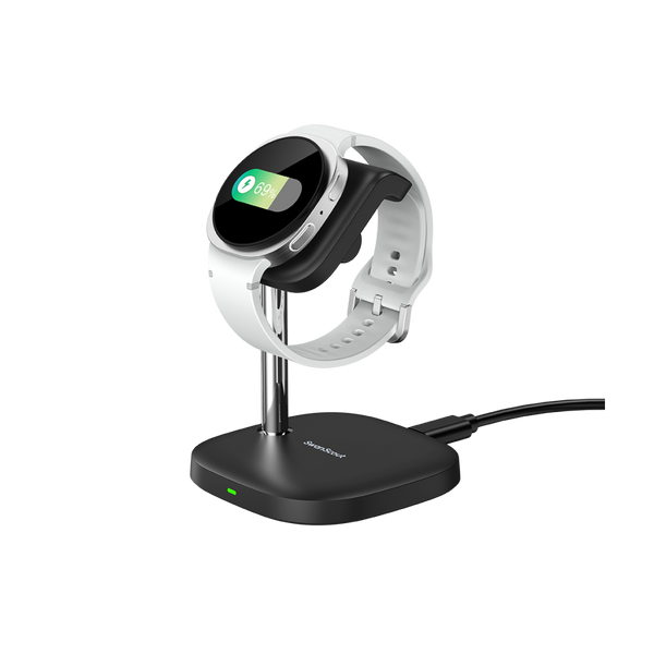 SwanScout 505S wireless charger stand for Samsung Galaxy Watch 8 and Ultra, featuring a vertical design for easy viewing while charging.