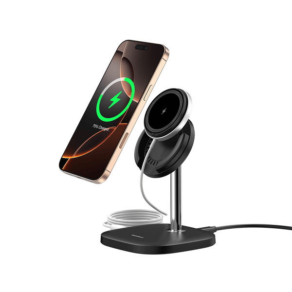 SwanScout 506M magnetic wireless charger powering an iPhone 17 Pro, featuring a detachable pad and an elegant aluminum-alloy stand.