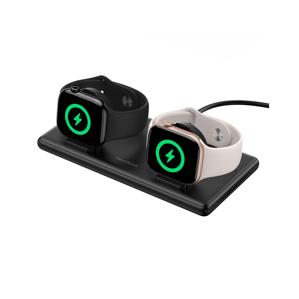 Front-right view of SwanScout 507DA delivering 5W fast charging to two Apple Watches, reaching 80% battery in 55 minutes.