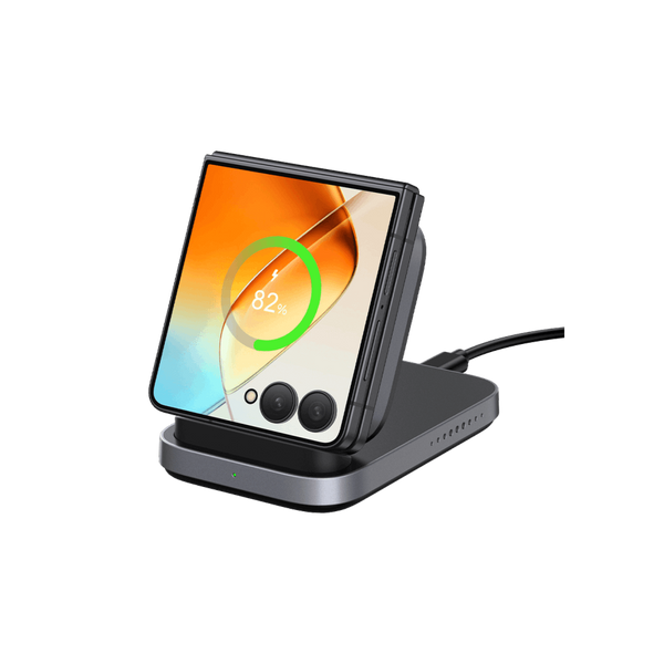 SwanScout 508F wireless charging stand powering a Samsung Galaxy Z Flip 7, optimized for both folded and upright charging modes.