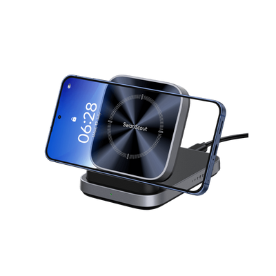 SwanScout 508 wireless charger stand powering an iPhone 17 Air in landscape mode, delivering up to 15W fast charging.