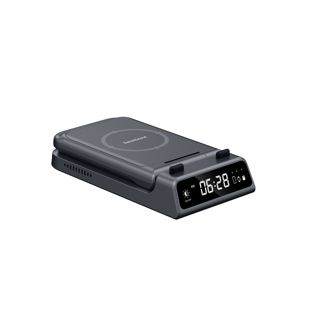 Gray version of SwanScout 703A foldable charger, highlighting the portable design and versatile functionality as both a charger and a phone stand.