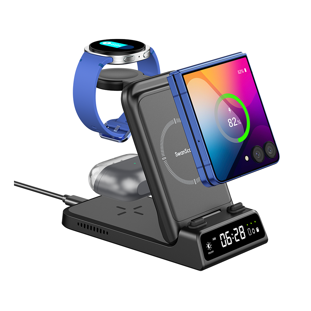 SwanScout 703F charging station simultaneously powering a Samsung Galaxy Z Flip 7, Galaxy Watch Ultra, and Buds 3 Pro with an integrated digital clock.