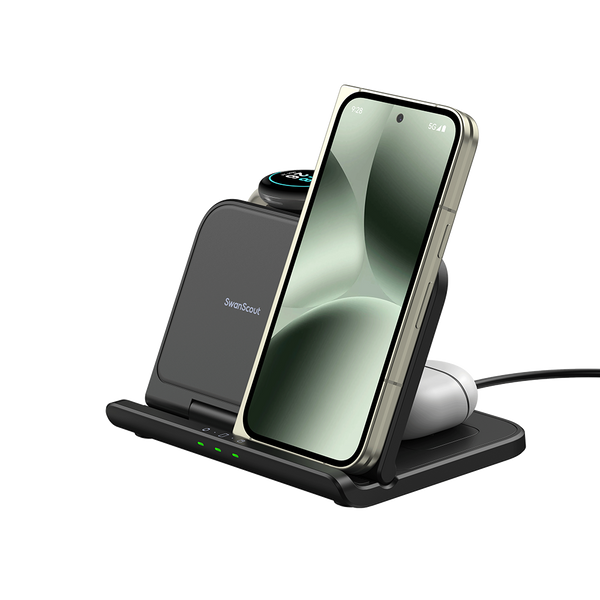 SwanScout 705G 25W wireless charging station powering a Google Pixel 9 Pro Fold, Pixel Watch 1, and Pixel Buds Pro 2 simultaneously.