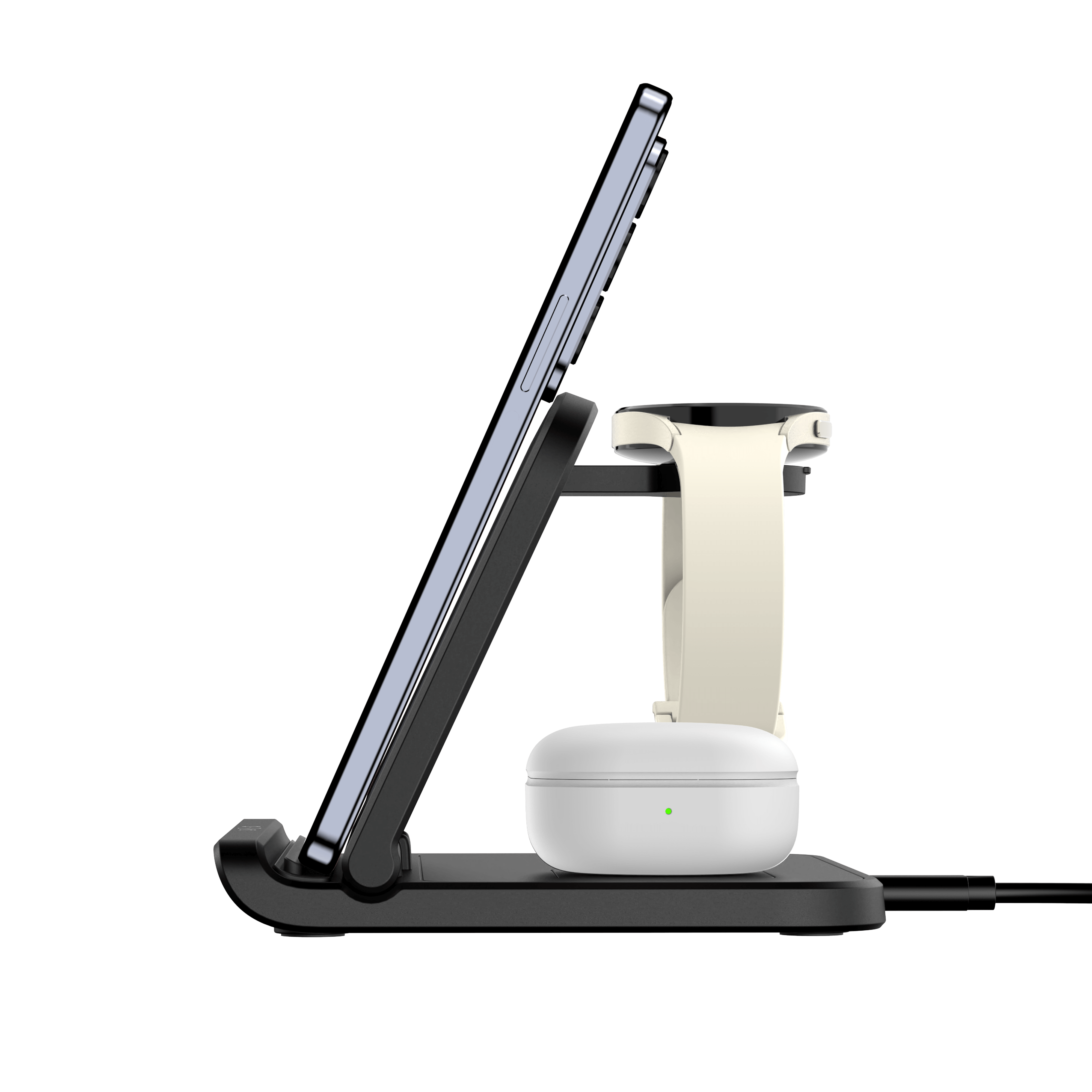 Right-side profile of Galaxy Z Fold 7 unfolded on the SwanScout 705S, showcasing the ergonomic floating angle and integrated Samsung Watch dock.