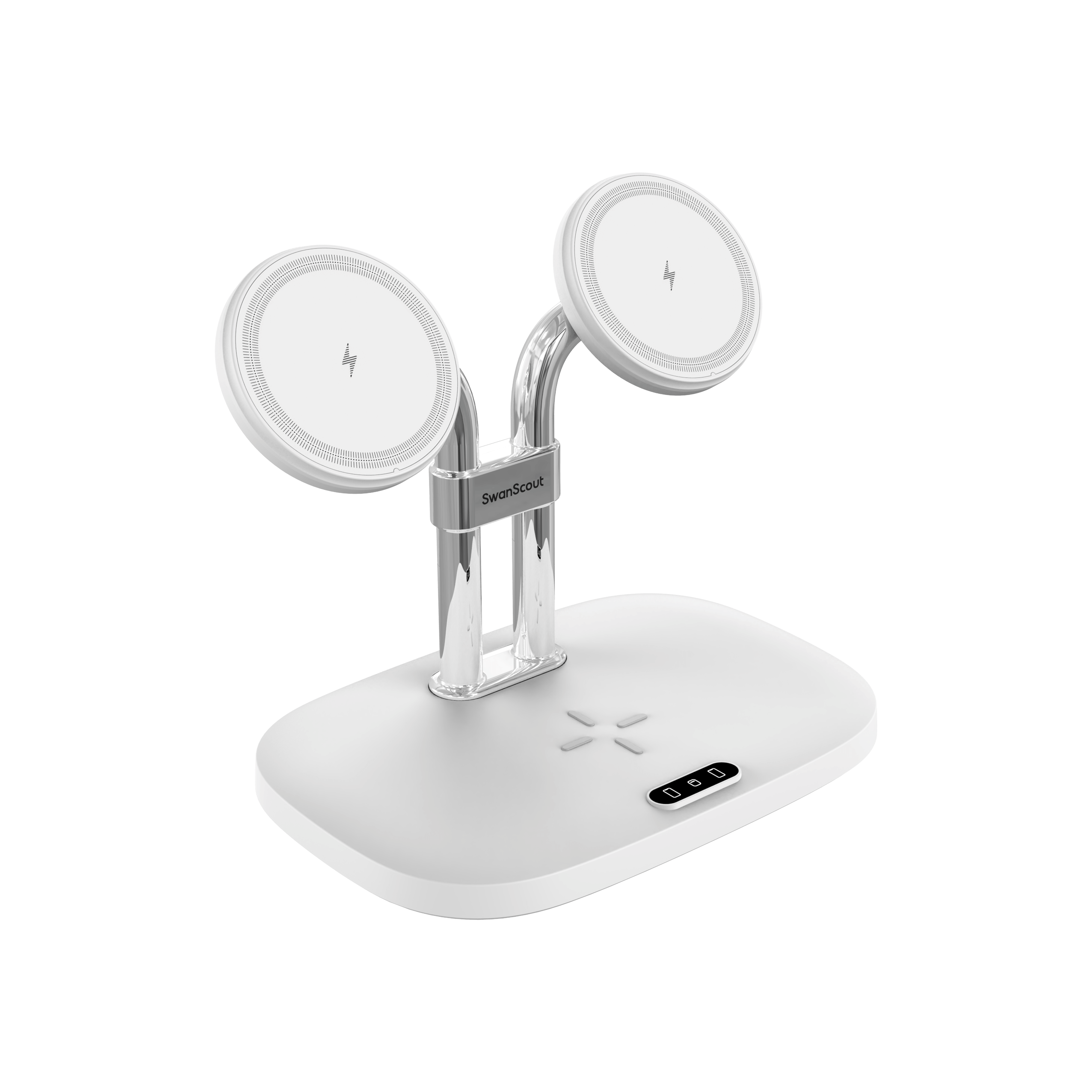 Angled view of the white SwanScout 706M, highlighting its elegant design and space-saving layout for home or office desktop organization.