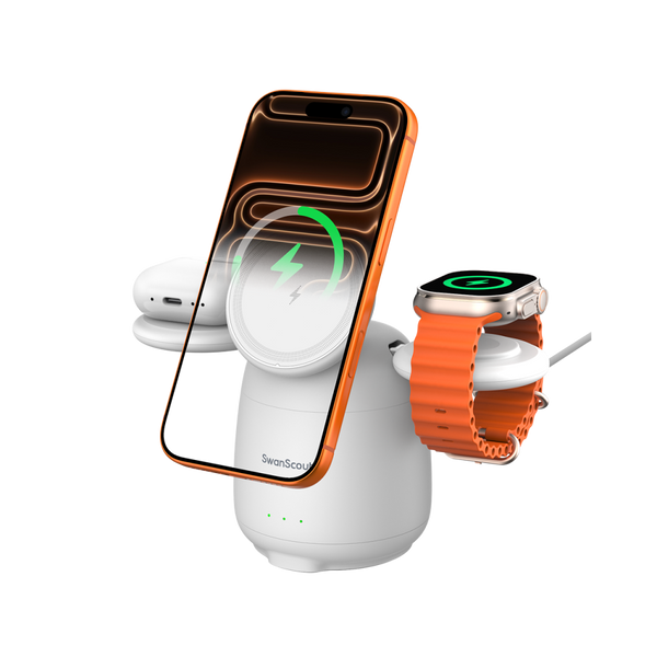 White SwanScout 707M charging station powering an iPhone 17 Pro Max, Apple Watch 10, and AirPods Pro with a sleek glossy finish.