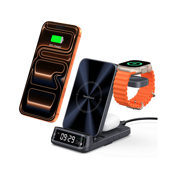 SwanScout 708A 3-in-1 wireless station charging iPhone 16, Apple Watch, and AirPods with a curved digital clock and premium metallic finish.