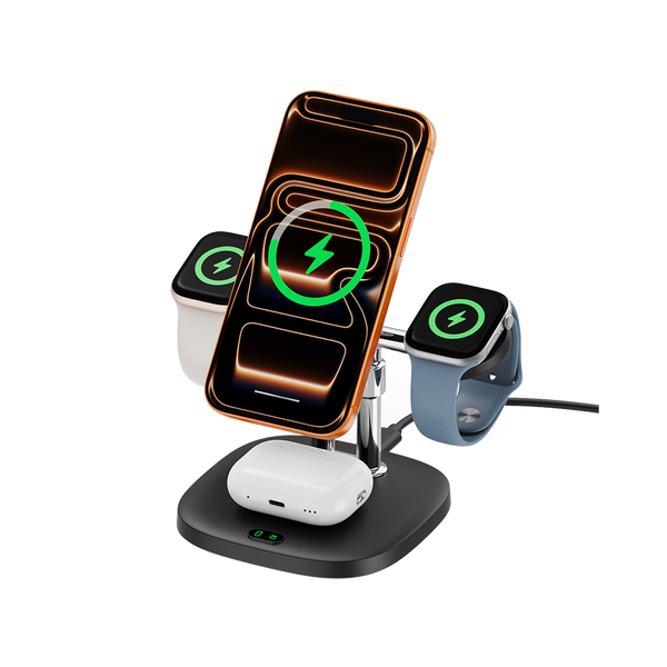 SwanScout 709M black 4-in-1 station charging one iPhone, two Apple Watches, and AirPods simultaneously with a 25W total output.