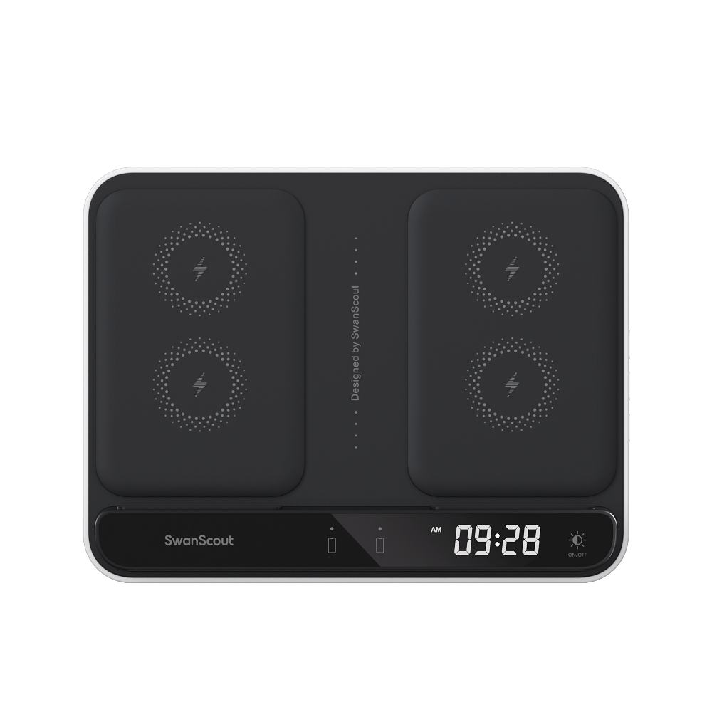 Front view of SwanScout 710S highlighting the touch-controlled digital clock with 12/24-hour format and four adjustable brightness levels.